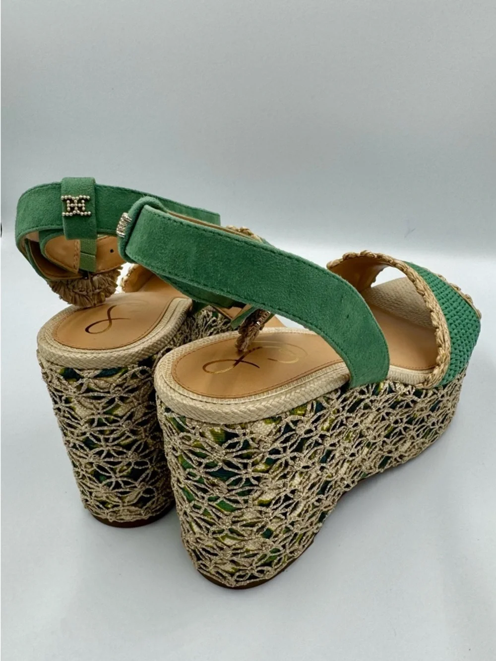 Sam Edelman Amber Green Raffia Platform Wedge Sandals 9M NIB